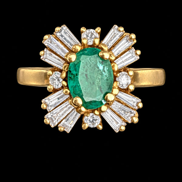 Vintage Emerald Natural Diamonds 14k Yellow Gold Ballerina Ring Baguette & Round