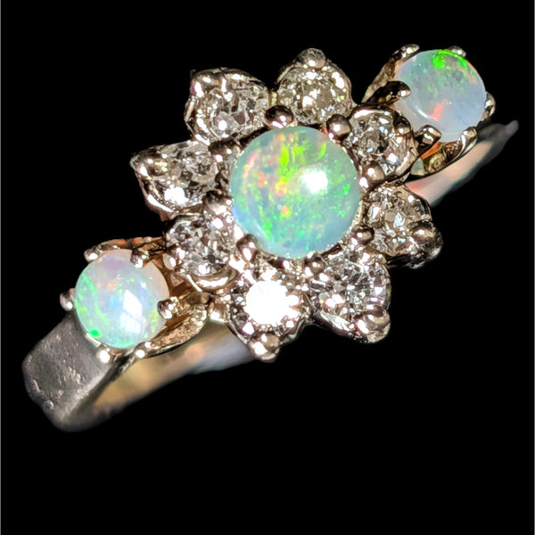 Vintage Opal Old European & RB Cut Diamonds 14k Yellow Gold Ring Estate Retro