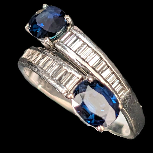 Vintage Sapphires Baguette Diamonds 18k White Gold Ring Bypass Estate Gift side view