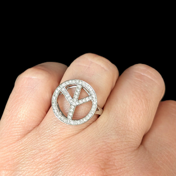 Vintage Peace Sign Ring Diamonds 14k White Gold Estate Retro Cocktail Gift