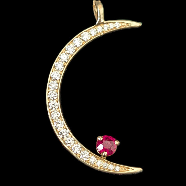ORO ALEXANDER Crescent Moon & Ruby Star Pendant Diamonds 14k Yellow Gold Gift Layaway Available