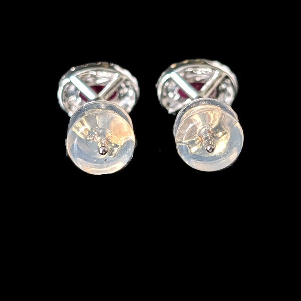 Estate Rubies Diamonds 18k White Gold Halo Earrings Studs Vintage Gift