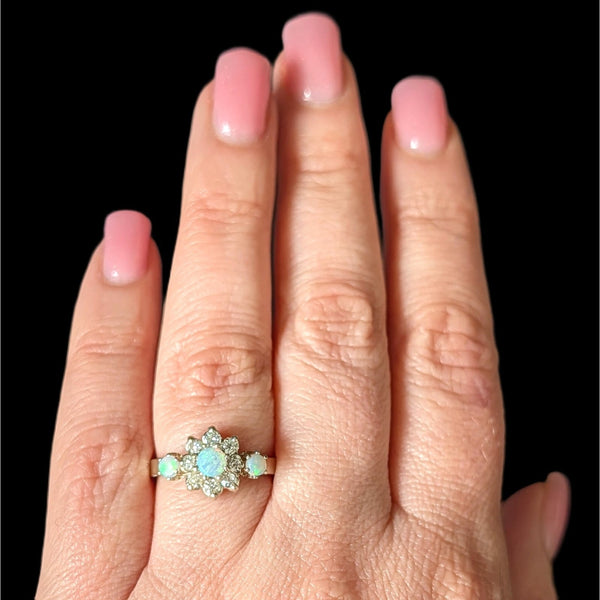 Vintage Opal Old European & RB Cut Diamonds 14k Yellow Gold Ring Estate Retro