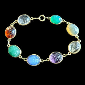 Vintage  Carved Gemstone Scarab Bracelet 14k Yellow Gold Bracelet Talisman Estate 