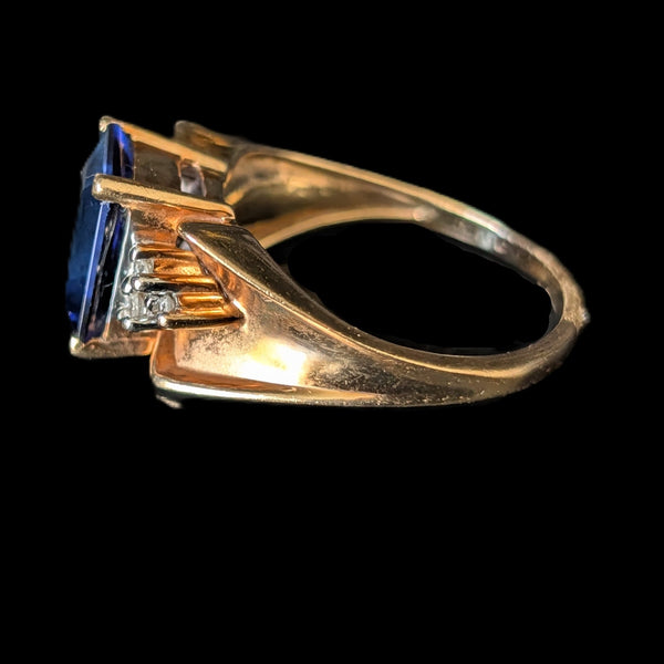 Vintage Lab Created Sapphire Diamonds 10k Yellow Gold Cocktail Ring Emerald Cut Estate