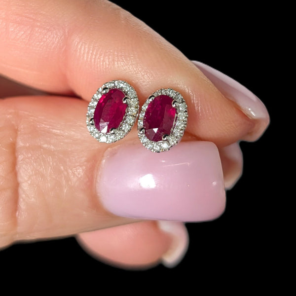 Estate Rubies Diamonds 18k White Gold Halo Earrings Studs Vintage Gift