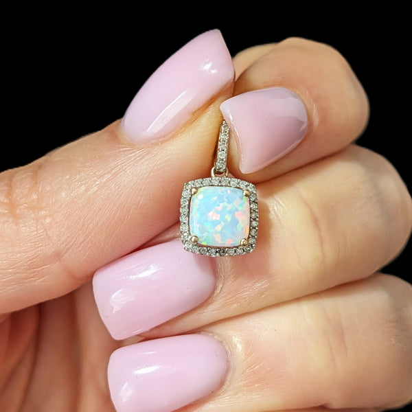 Estate Lab Created Opal Diamonds 10k Yellow Gold Pendant Vintage Gift