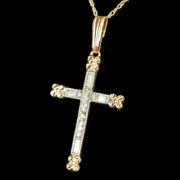Vintage Diamond 14k Yellow & White Gold Cross Pendant 10k Chain Flower Necklace