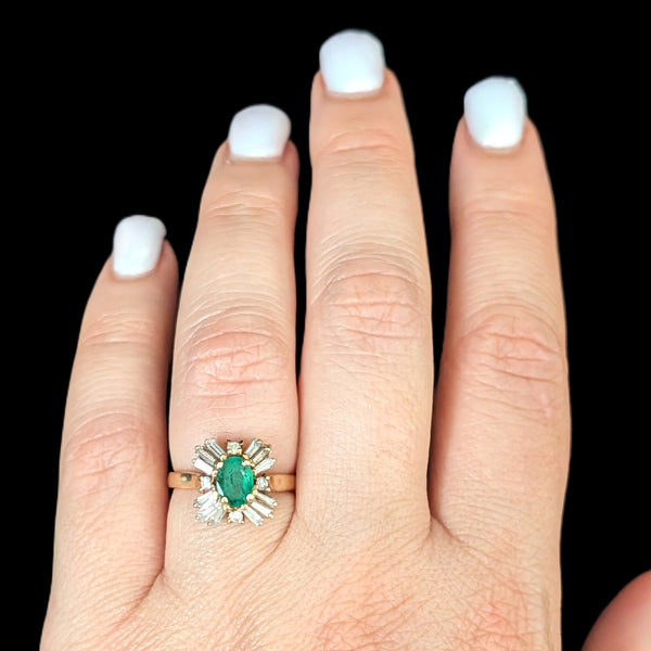 Vintage Emerald Natural Diamonds 14k Yellow Gold Ballerina Ring Baguette & Round