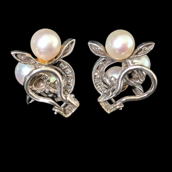 1950s Vintage Diamonds Pearls 14k & 10k White Gold Earrings Retro Clips Estate