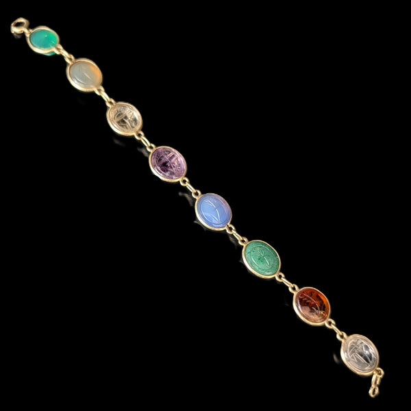 Vintage  Carved Gemstone Scarab Bracelet 14k Yellow Gold Bracelet Talisman Estate 