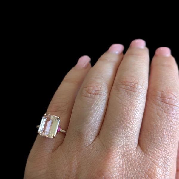 Vintage Pink Morganite Ruby Diamonds 14k Rose Gold Cocktail Ring Estate Gift