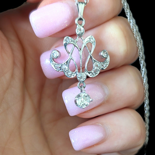 Old European Cut Diamonds 14k White Gold Lavalier Necklace Vintage Antique