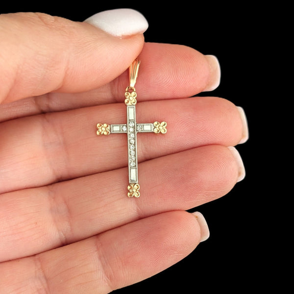 Vintage Diamond 14k Yellow & White Gold Cross Pendant 10k Chain Flower Necklace