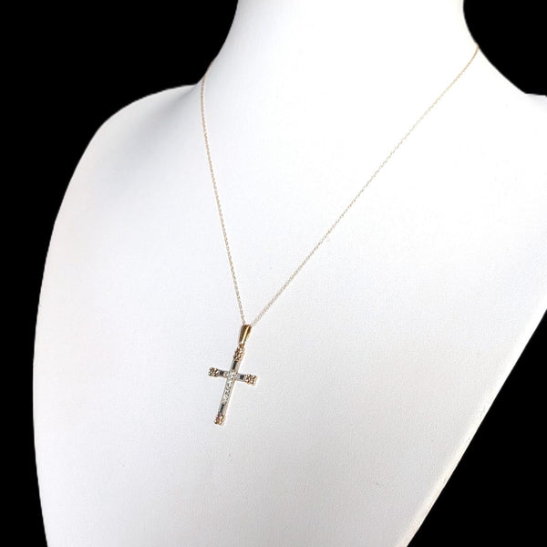 Vintage Diamond 14k Yellow & White Gold Cross Pendant 10k Chain Flower Necklace