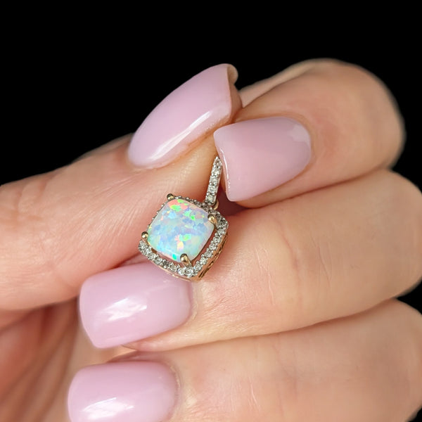 Estate Lab Created Opal Diamonds 10k Yellow Gold Pendant Vintage Gift
