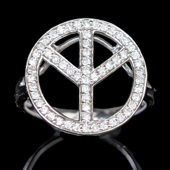 Vintage Peace Sign Ring Diamonds 14k White Gold Estate Retro Cocktail Gift
