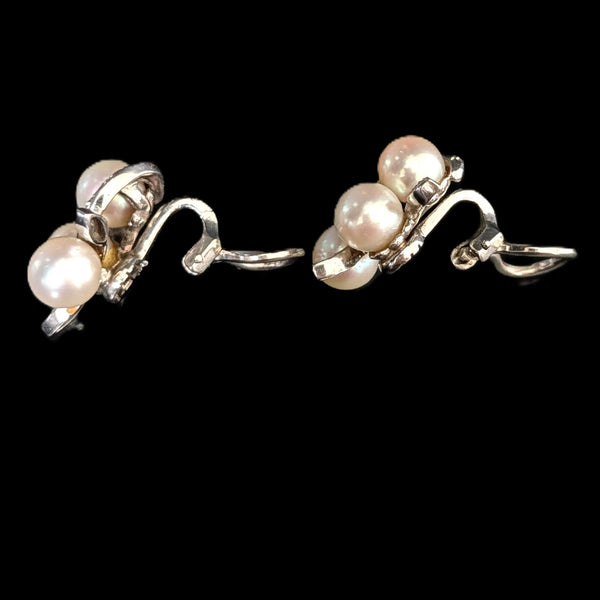 1950s Vintage Diamonds Pearls 14k & 10k White Gold Earrings Retro Clips Estate