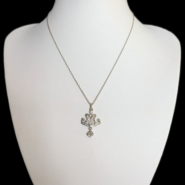Old European Cut Diamonds 14k White Gold Lavalier Necklace Vintage Antique