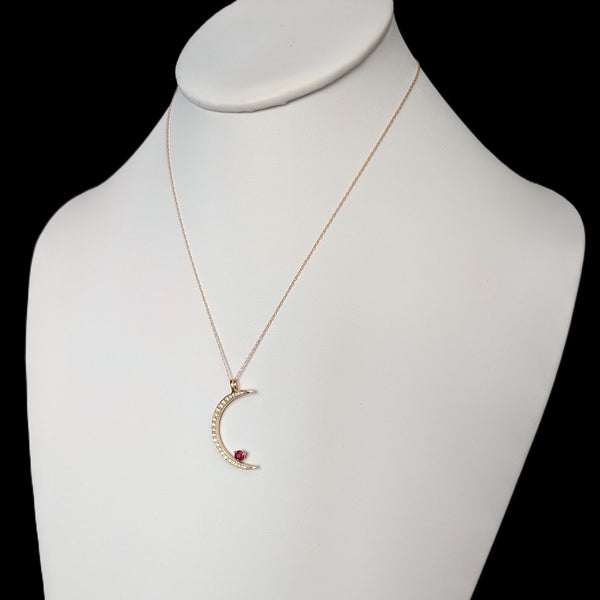 ORO ALEXANDER Crescent Moon & Ruby Star Pendant Diamonds 14k Yellow Gold Gift Layaway Available