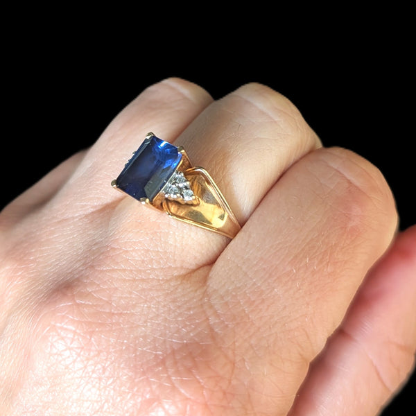Vintage Lab Created Sapphire Diamonds 10k Yellow Gold Cocktail Ring Emerald Cut Estate