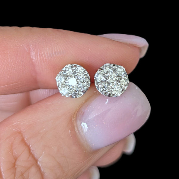 Vintage Diamond Cluster 14k White Gold Stud Earrings Halo Estate Jewelry Gift