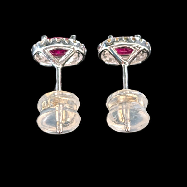 Estate Rubies Diamonds 18k White Gold Halo Earrings Studs Vintage Gift