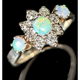 Vintage Opal Old European & RB Cut Diamonds 14k Yellow Gold Ring Estate Retro