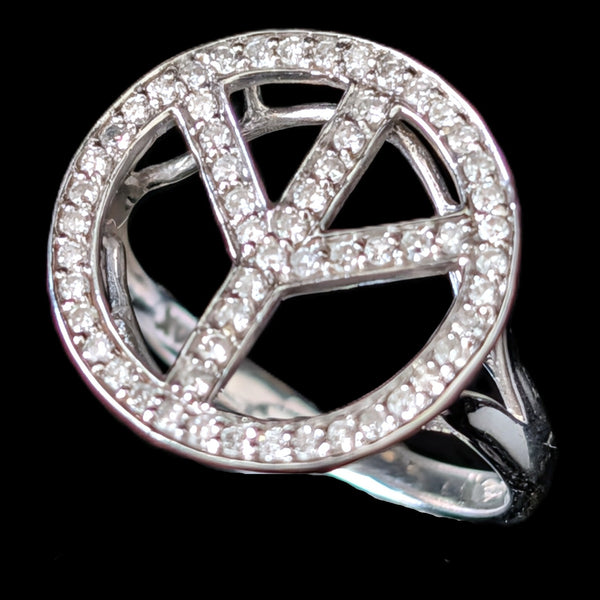 Vintage Peace Sign Ring Diamonds 14k White Gold Estate Retro Cocktail Gift