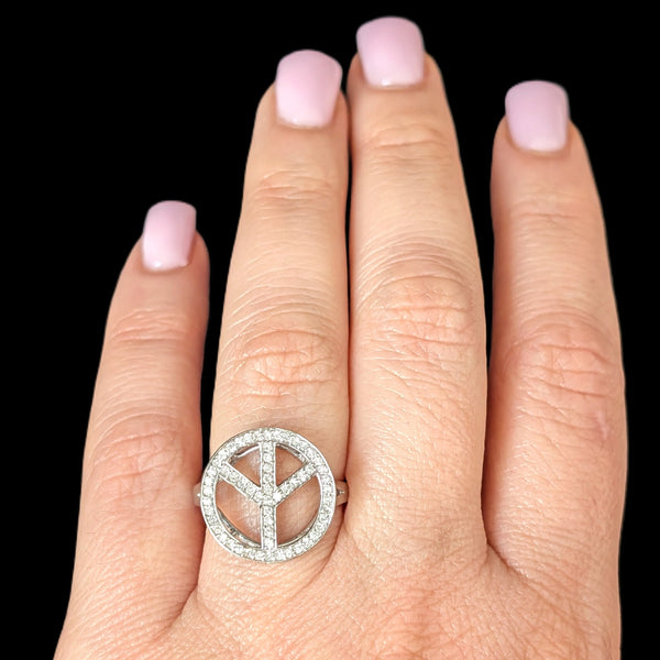 Vintage Peace Sign Ring Diamonds 14k White Gold Estate Retro Cocktail Gift