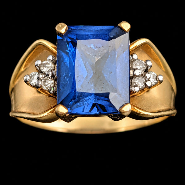 Vintage Lab Created Sapphire Diamonds 10k Yellow Gold Cocktail Ring Emerald Cut Estate