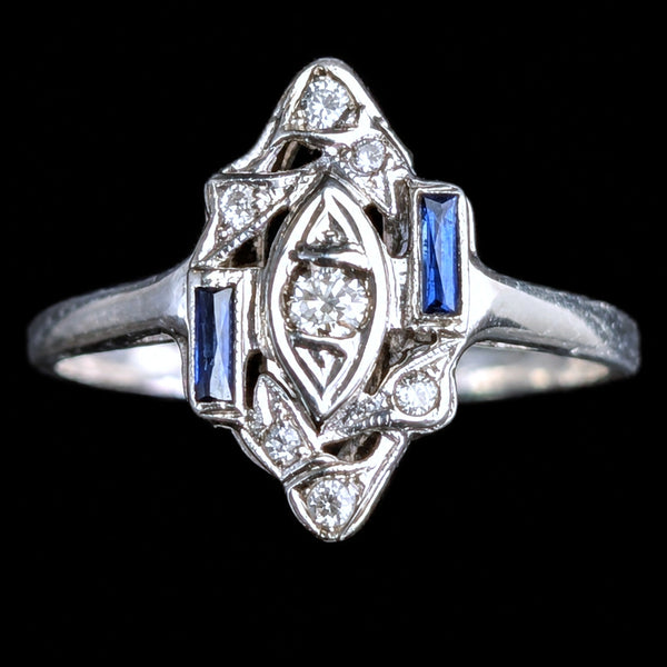 Art Deco Diamonds Lab Sapphires 14k White Gold Platinum Top Ring Vintage
