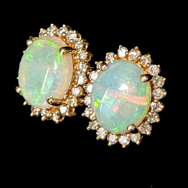 Miltown - Vintage Opal Diamonds 14k Yellow Gold Halo Earrings Posts Estate Jewelry Gift
