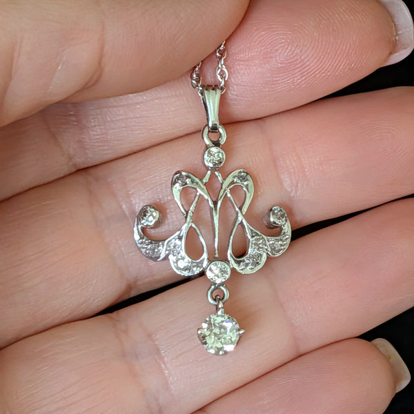 Old European Cut Diamonds 14k White Gold Lavalier Necklace Vintage Antique