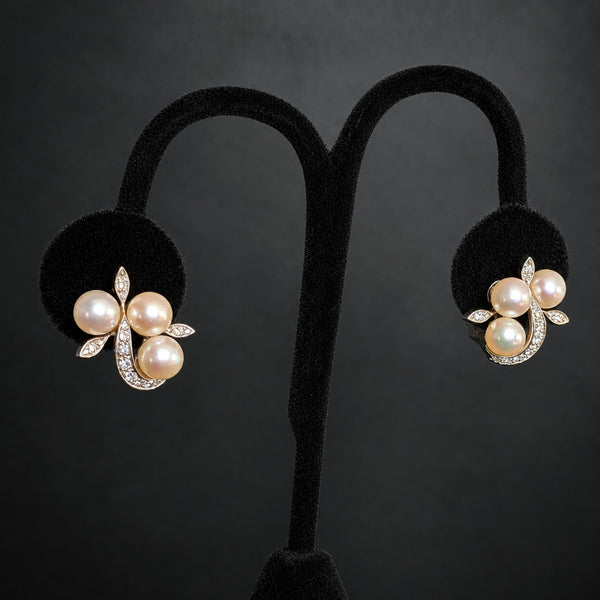 1950s Vintage Diamonds Pearls 14k & 10k White Gold Earrings Retro Clips Estate
