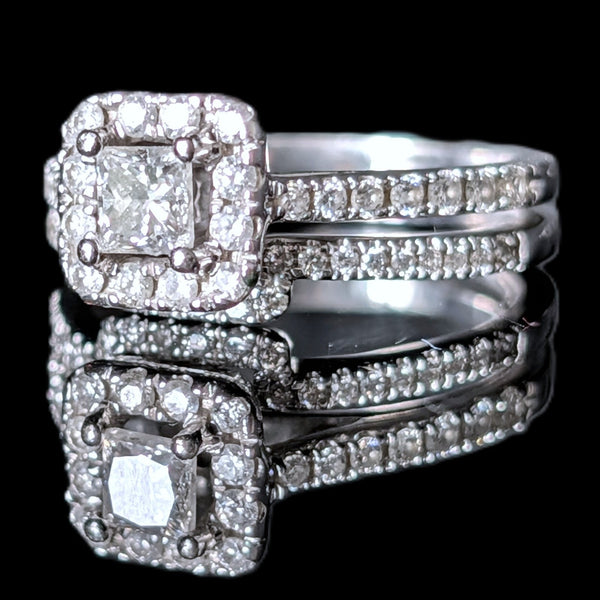 Bridal Set Natural Diamonds 14k White Gold Engagement Ring Wedding Band Estate 