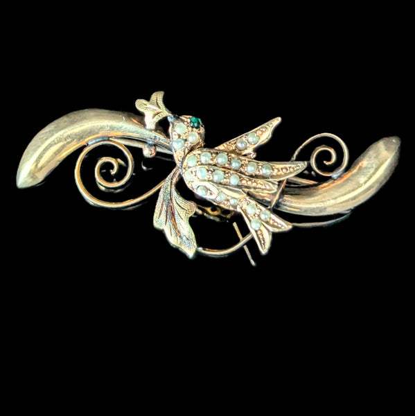 Elberta - Antique Swallow Brooch 10k Gold Seed Pearls Green Gem