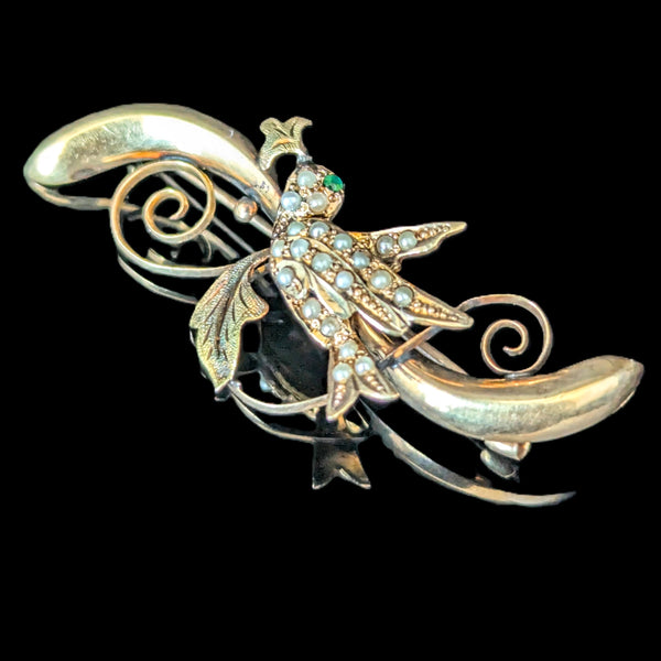 Elberta - Antique Swallow Brooch 10k Gold Seed Pearls Green Gem