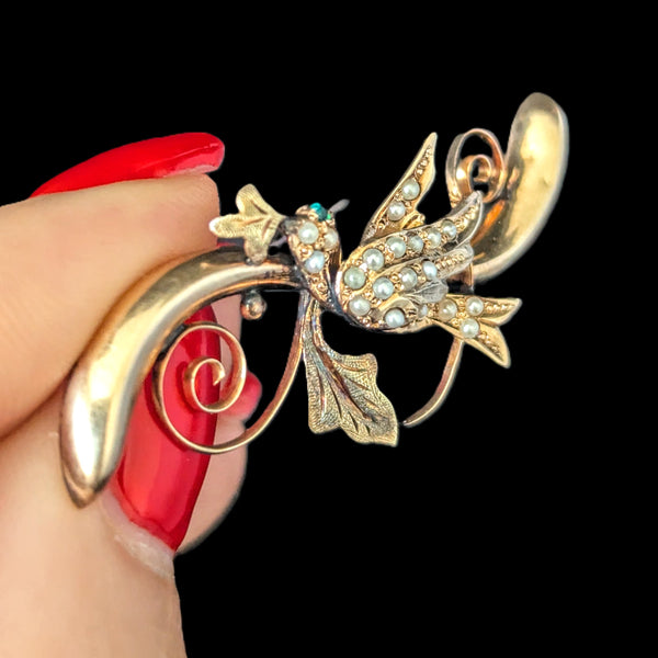 Elberta - Antique Swallow Brooch 10k Gold Seed Pearls Green Gem