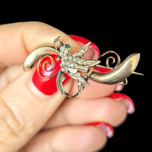 Elberta - Antique Swallow Brooch 10k Gold Seed Pearls Green Gem