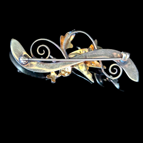 Elberta - Antique Swallow Brooch 10k Gold Seed Pearls Green Gem