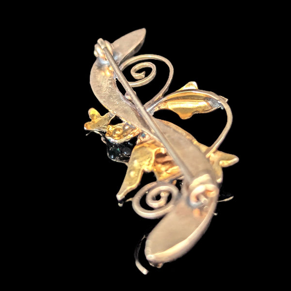 Elberta - Antique Swallow Brooch 10k Gold Seed Pearls Green Gem