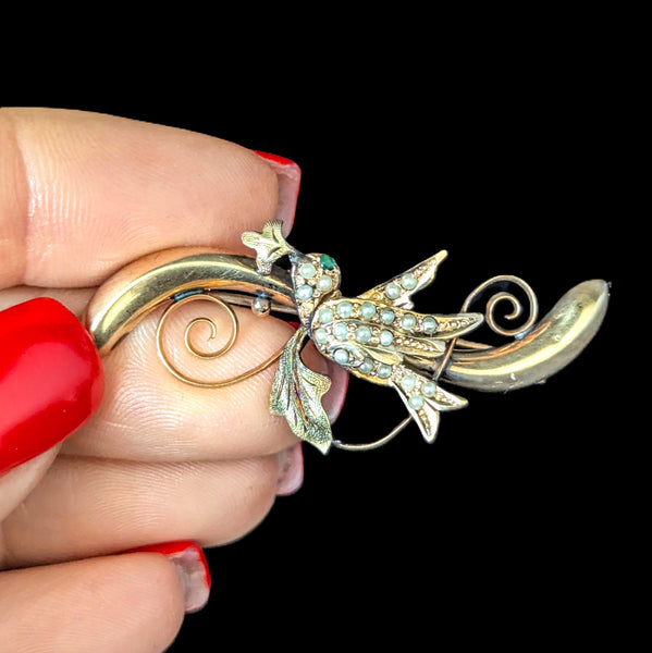 Elberta - Antique Swallow Brooch 10k Gold Seed Pearls Green Gem