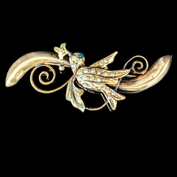 Elberta - Antique Swallow Brooch 10k Gold Seed Pearls Green Gem