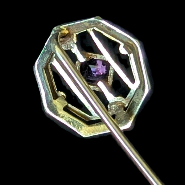 Antique 10k Yellow Gold Stick Pin w/ Purple Paste Lapel Estate Vintage Jewelry