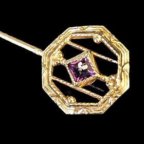 Antique 10k Yellow Gold Stick Pin w/ Purple Paste Lapel Estate Vintage Jewelry