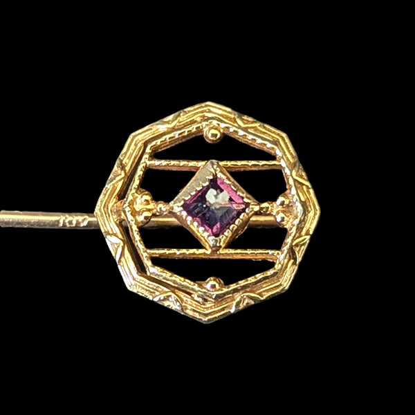 Antique 10k Yellow Gold Stick Pin w/ Purple Paste Lapel Estate Vintage Jewelry