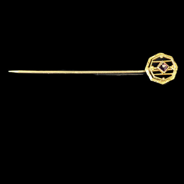 Antique 10k Yellow Gold Stick Pin w/ Purple Paste Lapel Estate Vintage Jewelry