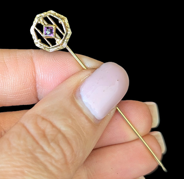 Antique 10k Yellow Gold Stick Pin w/ Purple Paste Lapel Estate Vintage Jewelry