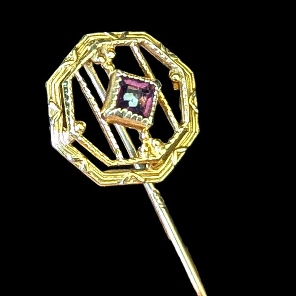 Antique 10k Yellow Gold Stick Pin w/ Purple Paste Lapel Estate Vintage Jewelry